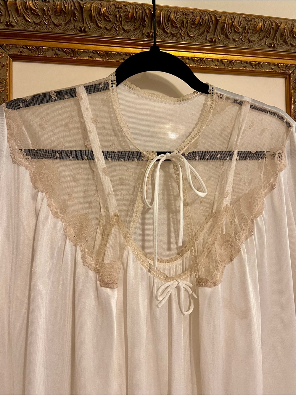 Vintage Sheer Lace-Yoke White Nightgown with Cream Trim -Bridal two peice set